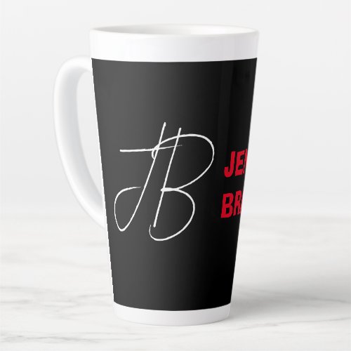 Black White Red Handwriting Monogram Add Name Latte Mug