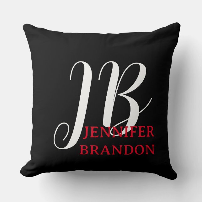 Black White Red Handwriting Monogram Add Name Throw Pillow (Front)