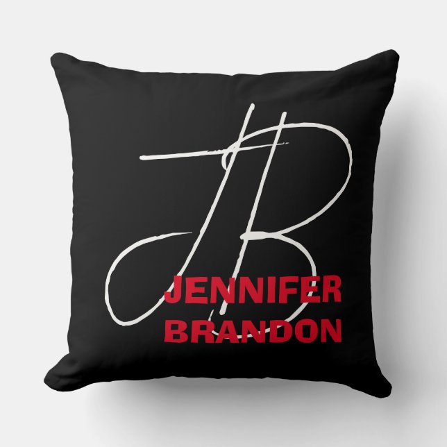 Black White Red Handwriting Monogram Add Name Throw Pillow (Front)