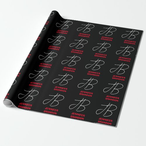 Black White Red Handwriting Monogram Add Name Wrapping Paper