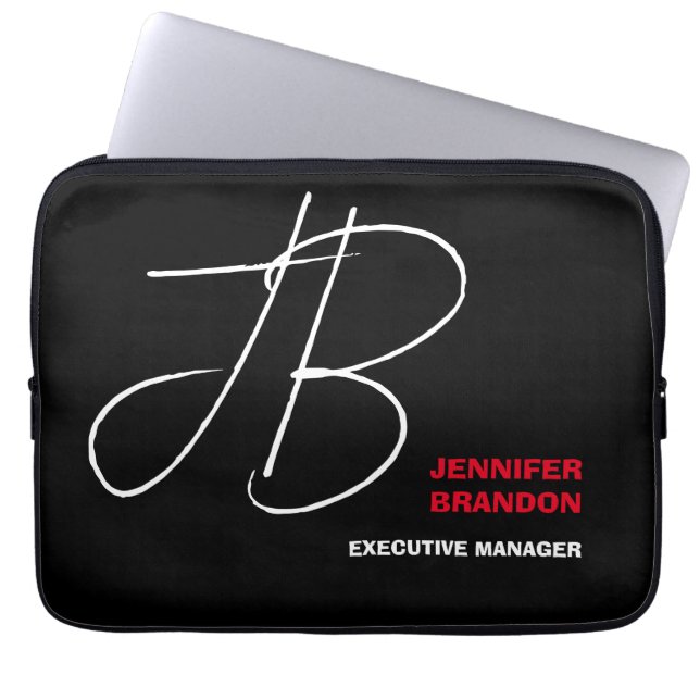 Black White Red Handwriting Monogram Minimalist Laptop Sleeve (Front)