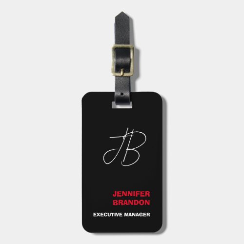 Black White Red Handwriting Monogram Minimalist Luggage Tag