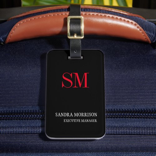 Black White Red Handwriting Monogram Minimalist Luggage Tag