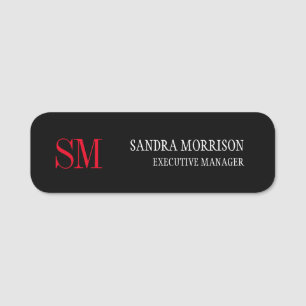 Black White Red Handwriting Monogram Minimalist Name Tag