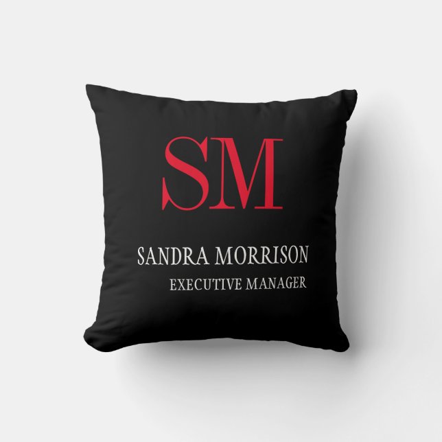 Black White Red Handwriting Monogram Minimalist  Throw Pillow (Front)