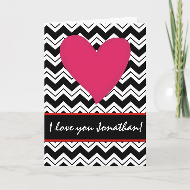 Black White Red Heart Name Personalized Valentine Holiday Card (Front)