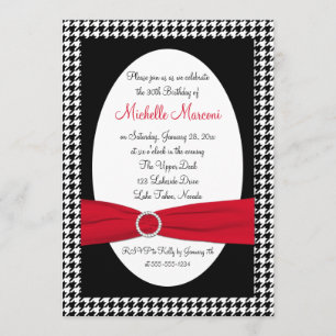 Black, White, Red Houndstooth 30th Birthday Invite