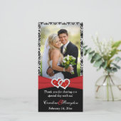Black White Red Joined Hearts Wedding Photocard Thank You Card (Standing Front)
