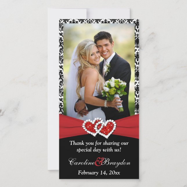 Black White Red Joined Hearts Wedding Photocard Thank You Card (Front)