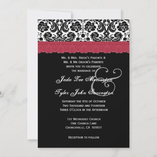 Black White Red Lace Flower Damask Wedding V16 Personalized Announcement