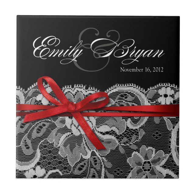 Black White Red Lace  Keepsake Wedding Favor Tile (Front)