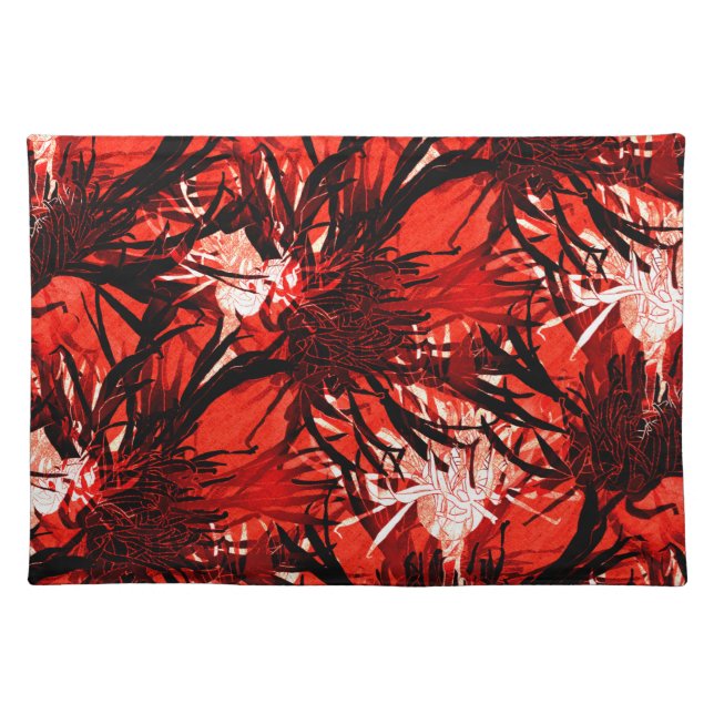 Black White & Red Modern Abstract Floral Cloth Placemat (Front)