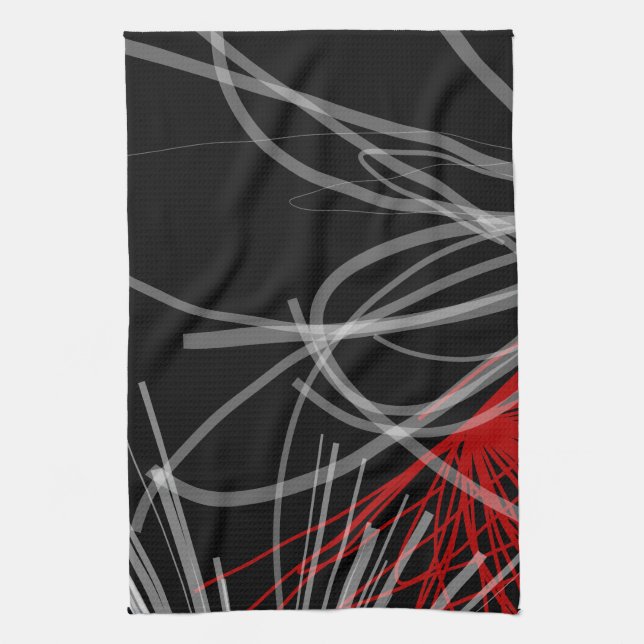 Black White & Red Modern Abstract Ribbons Kitchen Towel (Vertical)