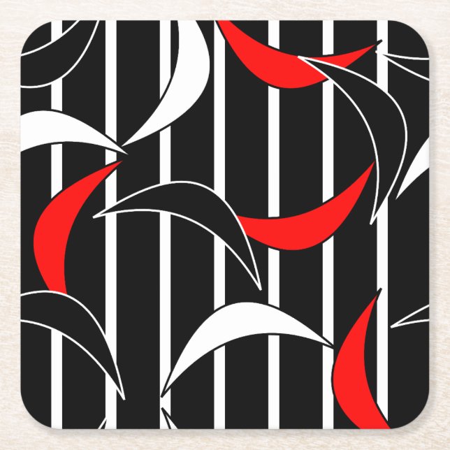 Black, white, red modern art square paper coaster (Front)