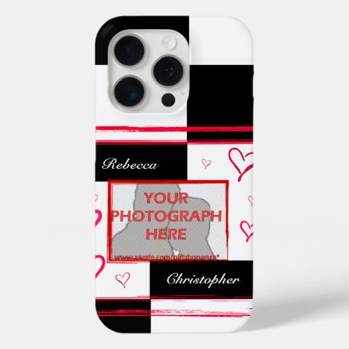 Black white red modern love heart photo frame iPhone 15 pro case