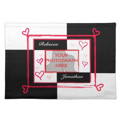 Black white red modern love heart photo frame cloth placemat