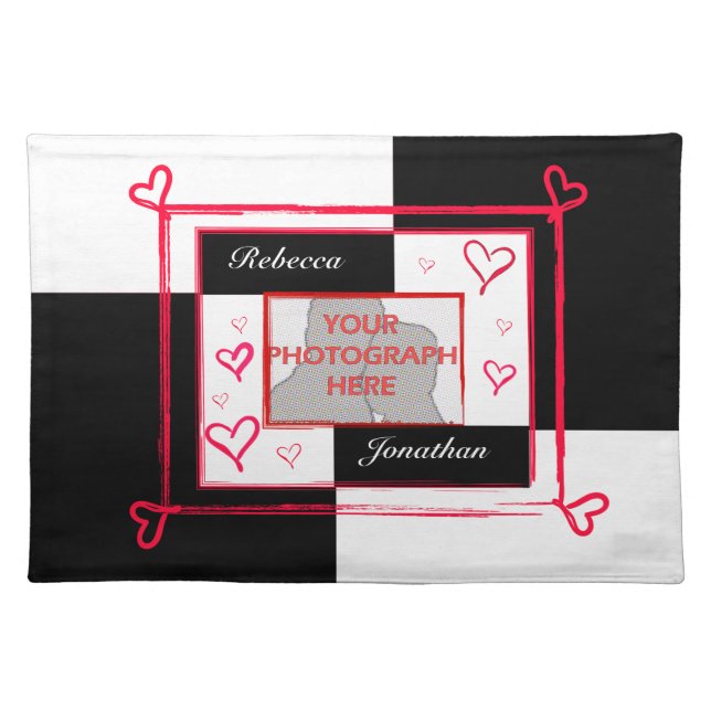 Black white red modern love heart photo frame cloth placemat (Front)