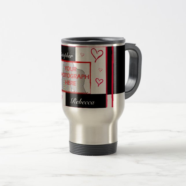 Black white red modern love heart photo frame travel mug (Front Right)