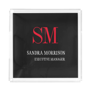 Black White Red Monogram Minimalist Acrylic Tray