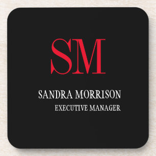 Black White Red Monogram Minimalist Beverage Coaster