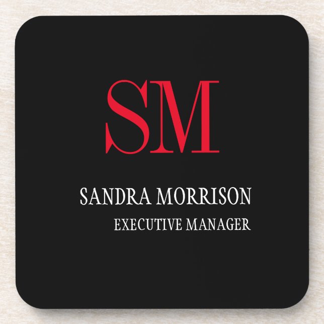 Black White Red Monogram Minimalist Beverage Coaster (Front)