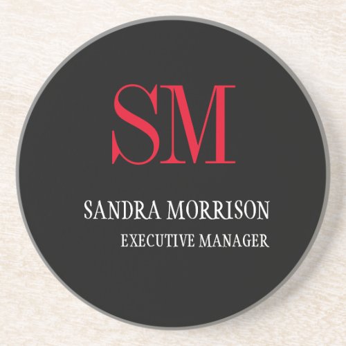 Black White Red Monogram Minimalist Coaster