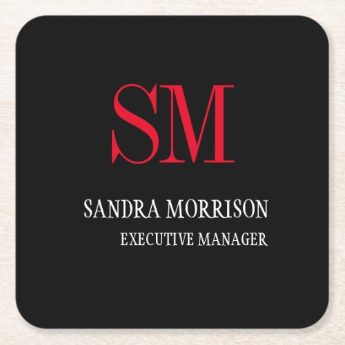 Black White Red Monogram Minimalist Square Paper Coaster