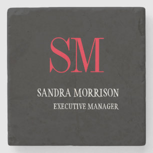 Black White Red Monogram Minimalist Stone Coaster
