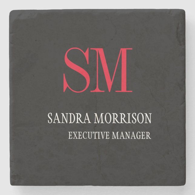 Black White Red Monogram Minimalist Stone Coaster (Front)