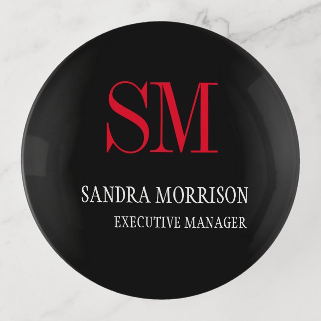 Black White Red Monogram Minimalist Trinket Tray (Front)