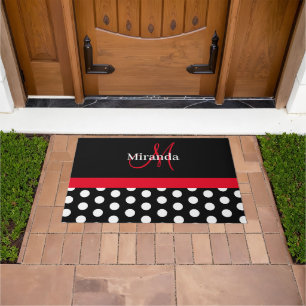 Black White Red Monogram Script Polk Doormat