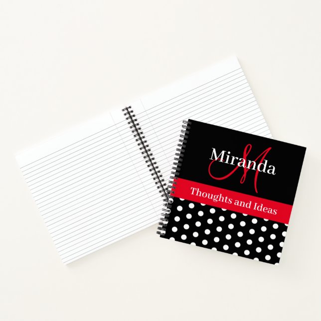 Black White Red Monogram Script Polka Dots Notebook (Inside)