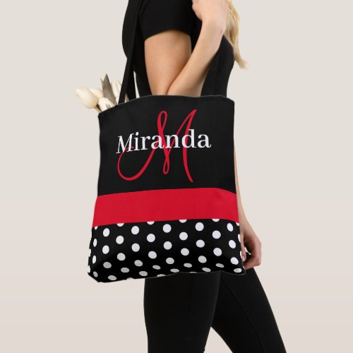 Black White Red Monogram Script Polka Dots Tote Bag