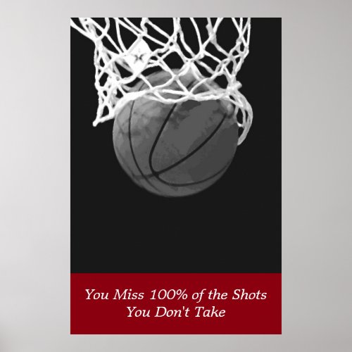 Black White Red Motivational Basketball Sport Poster