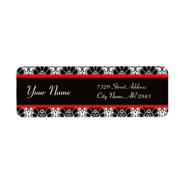 BLACK WHITE RED ORIENTAL FLOWERS DAMASK LABEL (Front)