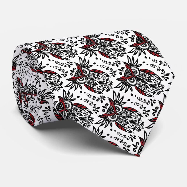 Black White Red  Owl Bird Nature Wildlife Art Neck Tie (Rolled)