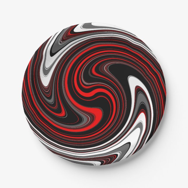 Black White Red Paint Swirl Paper Plates (Front)