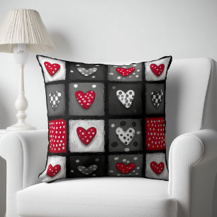 Black White Red Patchwork with Hearts Throw Pillow