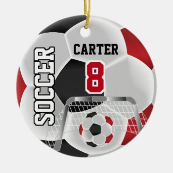 Black  White & Red Personalize Soccer  ⚽💖 Ceramic Ornament by DesignsbyDonnaSiggy at Zazzle