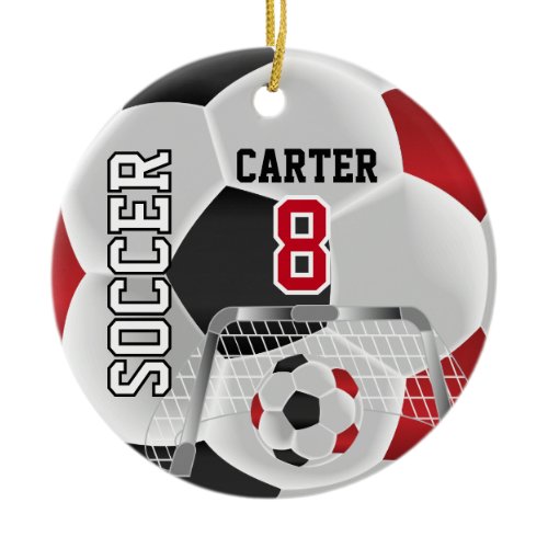 Black, White &amp; Red Personalize Soccer  ⚽💖 Ceramic Ornament
