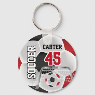 Black, White & Red Personalize Soccer  ⚽💖 Keychain