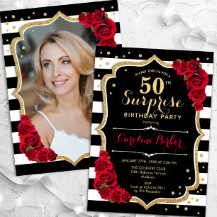 Black White Red Photo Surprise 50th Birthday Invitation