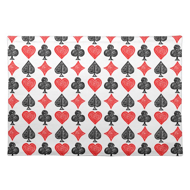Black/White/Red Playing Card All Symbols Lino Cut Cloth Placemat (Front)