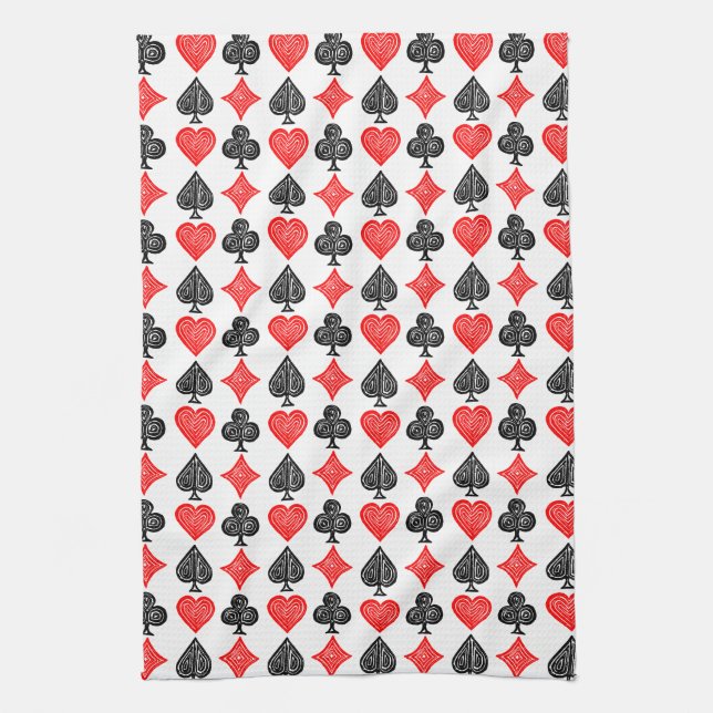 Black/White/Red Playing Card All Symbols Lino Cut Kitchen Towel (Vertical)