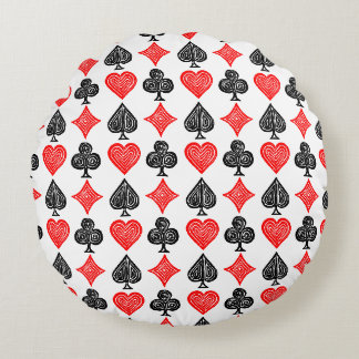 Black/White/Red Playing Card All Symbols Lino Cut Round Pillow