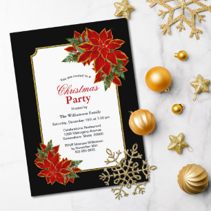 Black White & Red Poinsettia Christmas Party Invitation