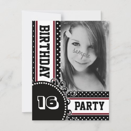 Black White Red Polka Dot Girl's Party Photo Announcements