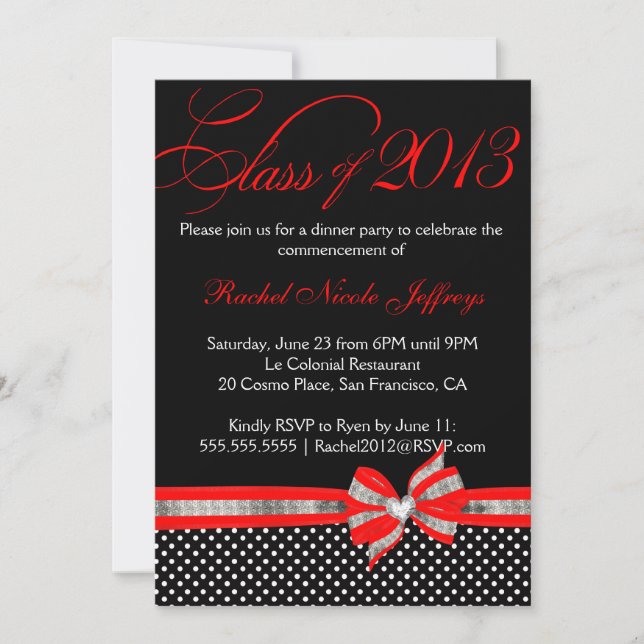 Black White Red Polka Dot Graduation Invitation (Front)