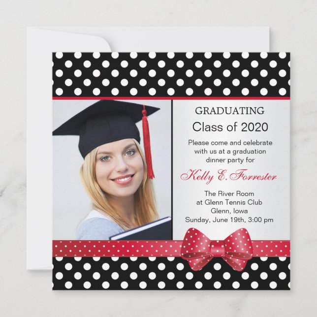 Black, white, red polka dot Graduation party photo Invitation (Front)