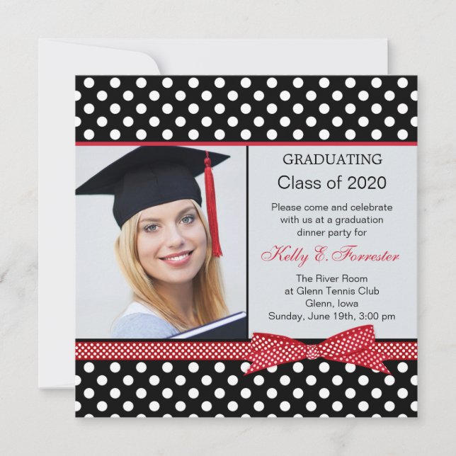 Black, white, red polka dot Graduation party photo Invitation (Front)